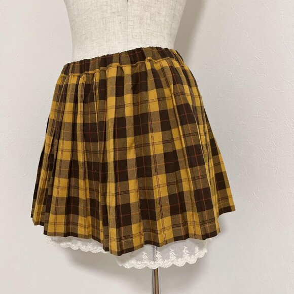y2k mustard yellow plaid lace trim skort with pleats - Picture 2 of 7